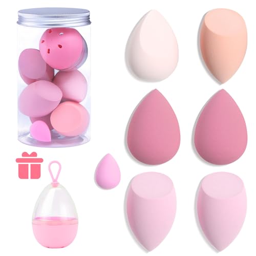 Juego de 8 esponjas de maquillaje, 7 esponjas de belleza y 1 botella, 1 soporte para mezclar base, crema y polvo (rosa + estuche rígido)