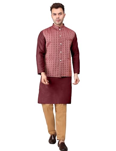 Image of Men's Cotton Silk Blend Regular Kurta Pyjama, Embroidered Nehru Jacket /Waistcoat Set