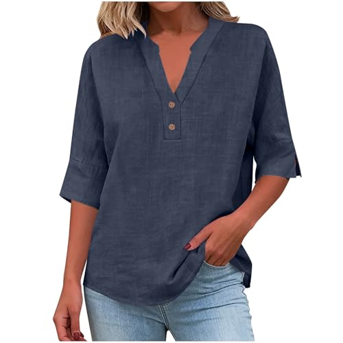 Loose Button Shirt Top Solid Color half Sleeve Stand Collar Casual Women's Shirt ���f�B�[�X�V���c �u���E�X �t���� (Navy, L)