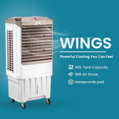 Image of Wings 100L Desert Air Cooler for Home & Large Rooms - 1 Year Warranty | 220W Energy-Efficient Motor Thermal Protection | Honeycomb Cooling Pads & 3-Speed Airflow | for Bedroom, Hall & Office