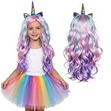 Pelucas de Unicornio para Mujer, Peluca de Unicornio con Cuerno y Orejas, Pelucas Largas y Rizadas, Accesorios para el Cabello de Unicornio, Diadema para Carnaval Halloween Fiesta de Cosplay (Color)