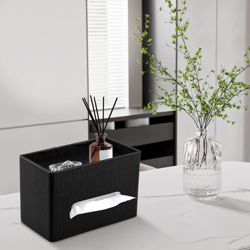 Tissue Box Cover with Storage Tray Modern Rectangular PU Leather Tissue Box Holder for Bathroom Vanity Countertop Night Stands Bedroom Office Desk (Black)