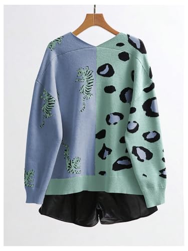 Image of WDIRARA Women's Leopard Tiger Print Cardigan V Neck Long Sleeve Color Block Button Down Sweater Outwear