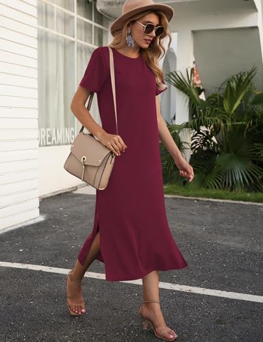 Image of Naggoo Summer Dresses for Women Short Sleeve Side Slit Long T Shirt Dress Beach Sundress Travel Vacation Outfits with Pockets