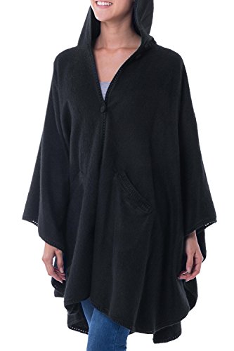 NOVICA Artisan Handmade Alpaca Blend Hooded Ruana Cape Andean with Acrylic Wool Clothing Wraps Ruanas Black Solid Peru ' Glamorous Night' - Thumbnail 3