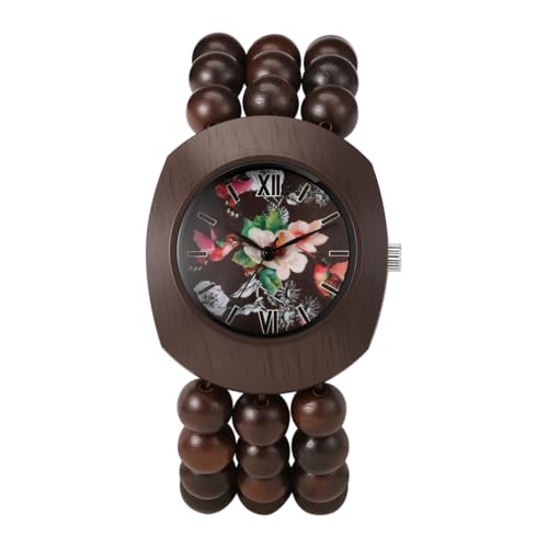 Image of JewelryWe Women's Wood Bead Watch: Boho Tonneau Floral Dial with Quartz Movement - Handcrafted Natural Elastic Band Fits 6.3"-7.87" - Casual Bohemian Fashion Wristwatch for Summer Daily and Office