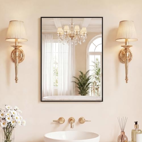 Image of Sweetcrispy Bathroom Mirrors for Over Sink, 22 inch x 30 inch Rectangle Wall Mount Mirror with Metal Frame, Modern Vanity Mirror with Tempered Glass, for Home Decor, Anti-Rust, Black