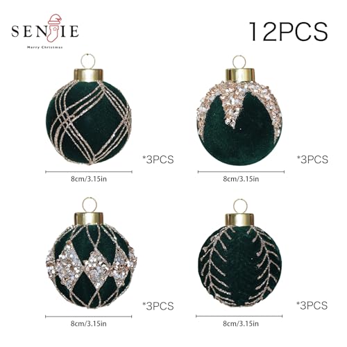 Image of 3.15IN Velvet Ornaments for Christmas Tree, 12pcs Flocked Ornaments Balls | deep green velvet christmas ornaments set,hanging neutral felt flocked balls bulk plastic shatterproof for tree decorations