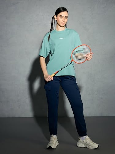 Image of TECHNOSPORT Women's Printed Boxy Fit Round Neck T-Shirt COTFLEX Half Sleeve Slip On Polyester for Gym Yoga Workout UPF50+ Anti Odour