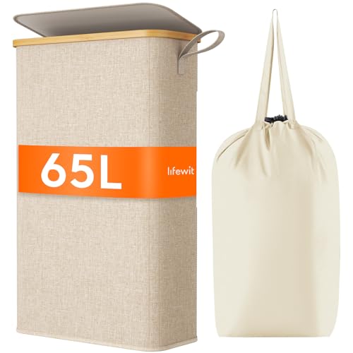 Lifewit Wąski Kosz na Pranie, Kosz na Bieliznę Brudną z Pokrywą, Laundry Basket z Bambusową Ramą, Wyjmowany Worek i Uchwyt, Do Sypialni, Łazienki, Pralni, 65L, Beżowy
