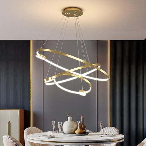Lustre en forme d'anneau LED doré au design minimaliste pour grand salon