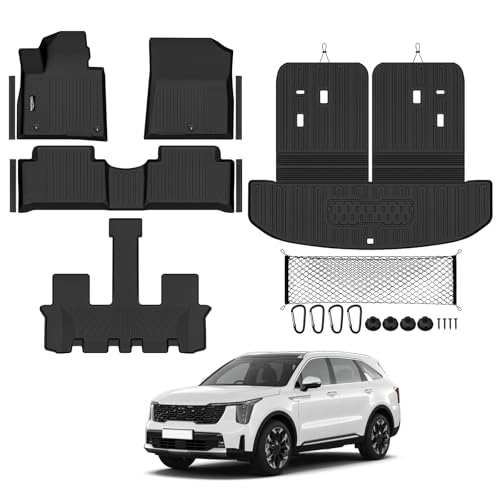 Tongama-Floor Mats for 2021-2026 Kia Sorento Gas(Not for Hybrid) All Weather TPE Trunk Mat with Backrest Mat Protectors and Cargo Net and Door Sill Guards for Kia Sorento Gas Floor Liner Accessories