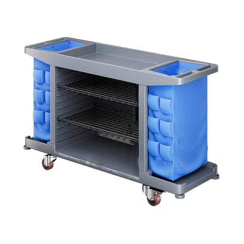 Carrito de limpieza con gran capacidad de almacenamiento, material plástico resistente y ruedas para una fácil movilidad, ideal para el saneamiento de habitaciones de huéspedes de hotel