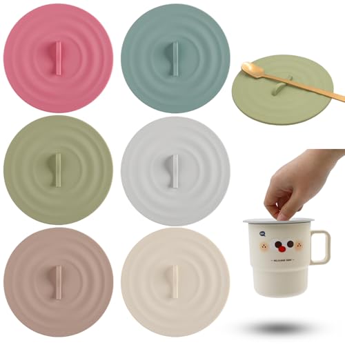6 Pcs Silicone Lids for Cups, Morandi Colored Cup Covers for Drink, Anti-dust Seal Airtight Cup Cover with Spoon Holder, Universal Cup Lids for Mug Tea Cup Coffee Cup Glass (Style 2)