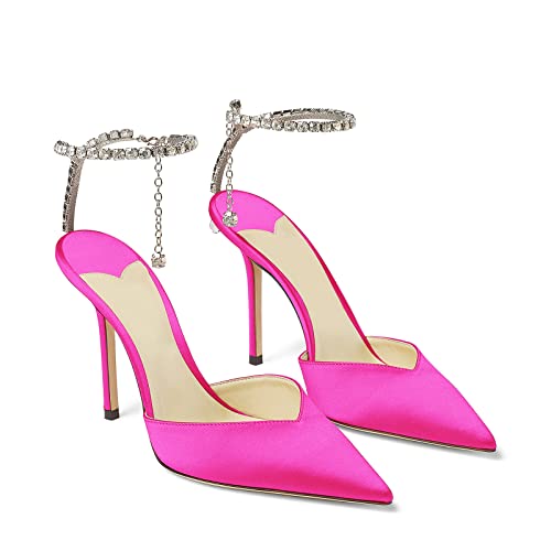 Image of LauraVicci Women's Heeled Sandals Crystal Chain Ankle Straps Rhinestones Buckle High Heels Stiletto Slip On Wedding Party Satin Dress Shoes