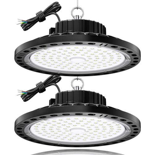 TOPAUBUB 100W UFO Focos LED Interior Techo 2 Piezas, Lamparas LED Techo 10000LM IP65 6500K con Cadena Metálica de 30CM, Driver, Foco Industrial para Garaje