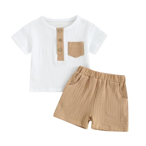Image of fhutpw Baby Boy Summer Outfits Henley Shirt Soft Pocket Short Sleeve Tops & Shorts Sets Infant 3 6 12 18 Months 2T Clothes