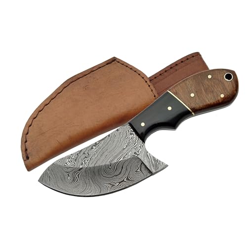 SANZ Damascus Skinner Knife 6.5 Inch - Camping Knife with Horn & Walnut Handle, Full Tang Blade & Sheath - Pocket Knife for Hunting, Outdoor uses & Camping - Knives for Men