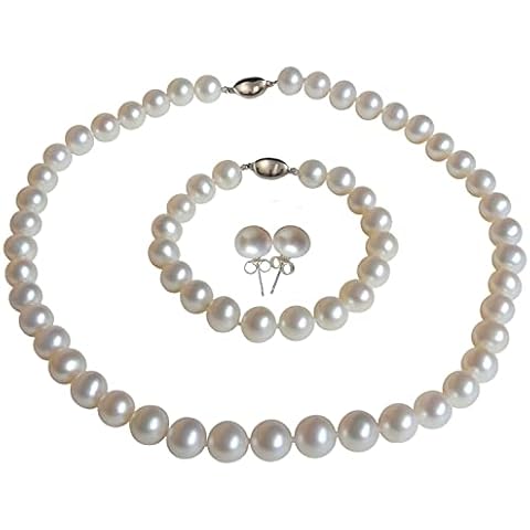 ROUND Real Pearl Necklace Set for Women with Bracelet Stud Earrings Ivory Beige Cream White Pearl Jewelry Set Men Genuine Cultured Wedding (9-9.5mm Pearl; 16 Inch 7 Inch Choker Set) Cover