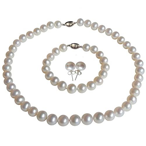 ROUND Real Pearl Necklace Set for Women with Bracelet Stud Earrings Ivory Beige Cream White Pearl Jewelry Set Men 18 Inch Genuine Cultured Wedding (9-9.5mm Pearl; 18 Inch 7.5 Inch Set)