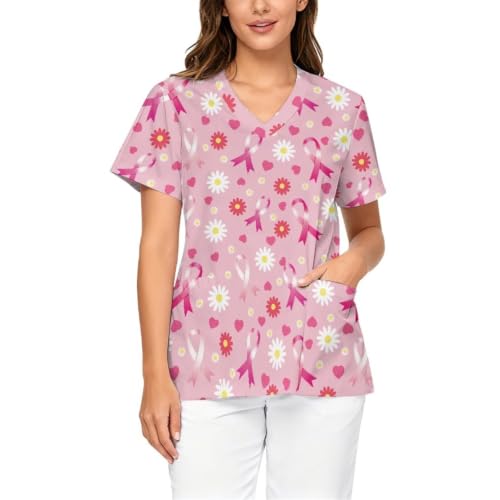 Xarleslyna Breast Cancer Ribbon Scrub Top Womens Pink Short Sleeve Uniform