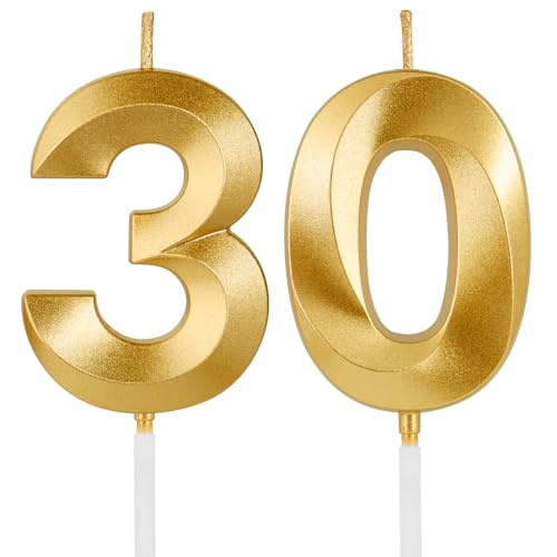 Birthday Candles 1.96 Inch Number 30 Happy Birthday Candles Number Candles Decoration for Birthday Party and Anniversary Celebration(Champagne Gold)