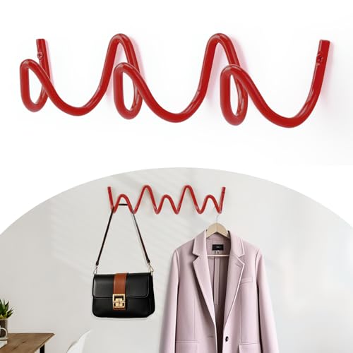 Image of Coat Rack Wall Mount, Creative Wave Wall Hooks 20KG Capacity, Easy Installation, Multi-Purpose Hooks for Coat, Hat, Bag, Umbrella (Red, 29cm x 7.5cm (11.41 inch x 2.95 inch))
