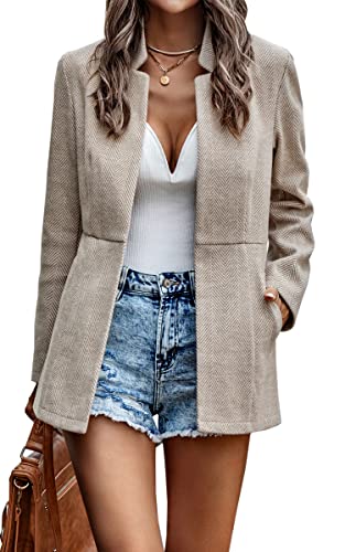 CCTOO Women's Coat Casual Open Front Blazer Long Sleeve Stand Collar Solid Trench Business Work Office Jacket Outwear Beige Medium