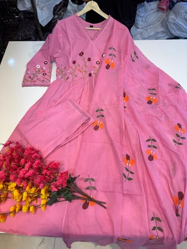 Image of KANCHAN TRADERS Women's Cotton Round Neck 3 /4 Sleeve Chikankari Embroidered Printed Kurta Palazzo with Dupatta Set