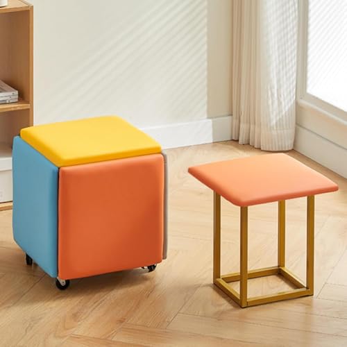 Chaise cube avec roulettes, repose-pieds empilable en cuir pour salon et salle à manger, siège portable carré polyvalent