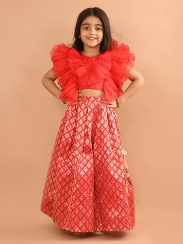 Image of Lilpicks Ruffle Sleeveless Blouse with Brocade Flared Lehenga Set for Girls (Pink)