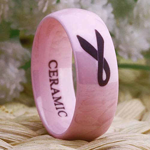CLOUD DANCER 8MM Dome Shiny Pink Color Ribbon Ceramic His/Her Classic Wedding Band Ring-Free Engraving Inside3