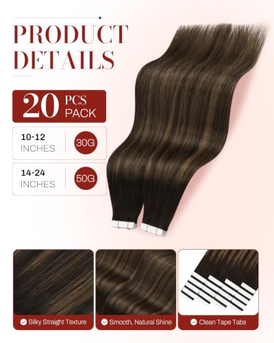Image of Moresoo Brown Balayage Hair Extensions Tape in 22in 20Pcs 50g | Tape hair extensions real human hair, tonal brown highlights, straight texture, long layers for low ponytail styling