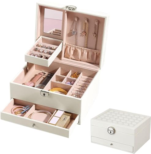 Podazz Caja Joyero de 3 Nivele, Caja Joyero Organizador Joyas Cuero PU, Grande Joyeros Mujer Organizador con Espejo para anillos, pendientes, collares y relojes, con cerradura y llave, blanco