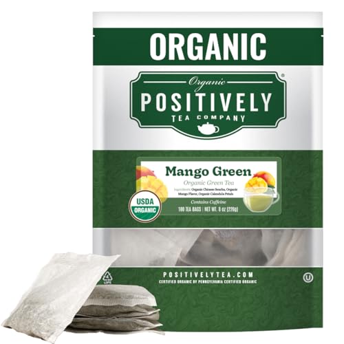 Image of Organic Positively Tea Company, Mango Green Tea Bags, 100 Count, Eco-Friendly Tea Bags, Non-GMO