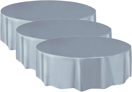 Unique Mantel redondo de plástico, 84 pulgadas, plateado (paquete de 3)