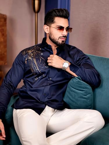 Image of Foomer Navy Blue Sequin Club Wear Shirt for Men - Elegant Shine with Satin Cotton Fabric - Party Shirt Ideal for Trendy Occasions