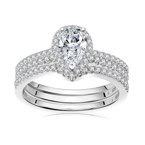 Moissanite Wedding Ring Set for Women, Pear Shaped 1CT D Color VVS1 Clarity Sterling Silver Engagement Bridal Jewelry for Travel