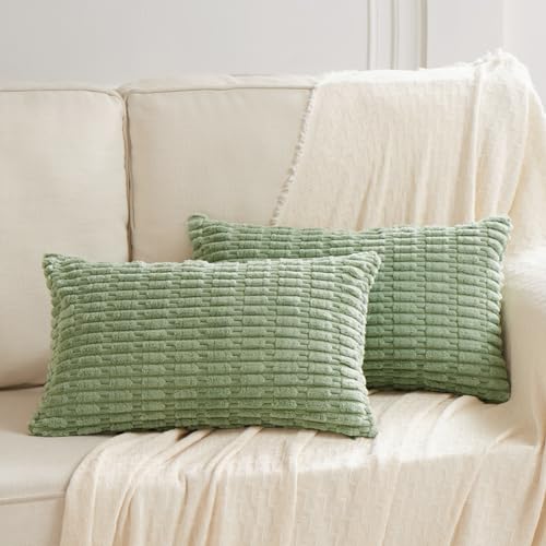 Fancy Homi Pack of 2 Sage Green Lumbar Decorative Throw Pillow Covers 12x20 Inch for Living Room Couch Bedroom Soft Corduroy Rectangle Solid Cushion Case 30x50 cm