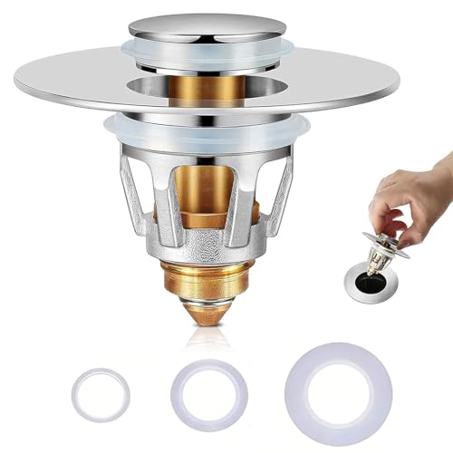 VZU Drain Magic Stöpsel Waschbecken Abflussstopfen Waschbecken Drain 2in1 Magic Verchromter Push-Type mit 3 Dichtungsringen Verhindert Verstopfung und Gerüche für Waschbecken und Spüle (Silver)