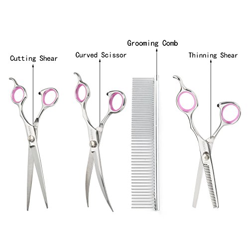 GEMEK Pet Cat Dog Grooming Scissors Set 4 Pieces Stainless Steel Professional Pet Trimmer Kit - 7.5 inch Straight Cutting, Thinning Shears, Curved, Grooming Combs - Thumbnail 3