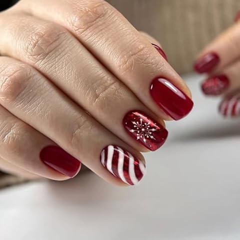 Christmas Press On Nails Short, Red Christmas Fake Nails With Glue, Artificial Christmas Nails Glue On， Christmas Nails Press On With Candy Stripes Design，Stick On Nails for Women-24Pcs Cover