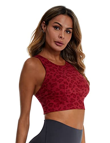Mipaws Women's Longline Sports Bra Wirefree Padded Yoga & Workout Tank Tops Medium Support With Removable Cups (Red Leopard, Small) #TOP2