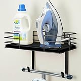 Ironing Board Holder Wall Mount, Metal Ironing Board Hanger with Shelf Laundry Room Decor and Accessories Iron Holder for Laundry, Fits T-Leg Ironing Board, Industrial Decor, Black