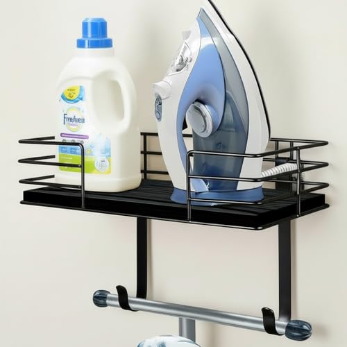 THYGIFTREE Ironing Board Hanger Wall Mount, Iron Board Holder with Black Wood Shelf & Basket