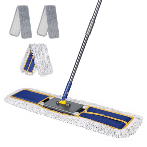 Masthome Bodenwischer Set 80cm Breiter, Profi Wischmopp mit Verlängerter Griff, Leicht Industrieller Flachmopp mit Moppkopf und 3 Mopp Pads,für Hotel, Mall und Garage- Blau & Gelb