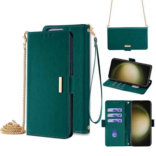 WOWUDI Funda para Samsung Galaxy Note 20,Funda Cartera Crossbody para Mujer con protección RFID,3 Ranuras para Tarjetas,Bolsillo para Efectivo,Correa de muñeca y Cadena metálica -Verde