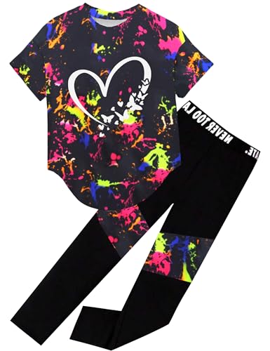 Image of Girls 2 Piece Outfits Kids Clothes Pants Sets Print Short Sleeve Top Leggings Spring Summer Tracksuit 4-13Y