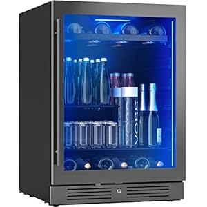 Zephyr 24″ Wine Fridge & Beverage Refrigerator Single Zone Under Counter – Mini Wine Cooler Cellars Small Beer Cabinet Drink Chiller Freestanding with French Glass Door Black, 7 Bottles, 112 Cans