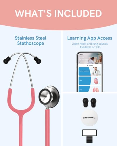 Image of FriCARE Dual Head Stethoscope - Stethoscopes for Nurses, Medical Nursing Students, Paramedics /EMT /LVN /VNA Backup Estetoscopio, Pearl Pink Tube, Stainless Steel Chestpiece
